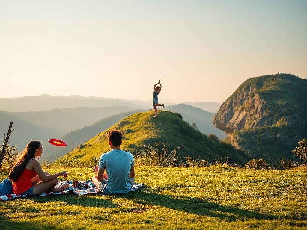 A vibrant outdoor scene with a diverse array of engaging alternative hobbies. In the foreground, a group of friends gathered around a picnic blanket, immersed in a lively game of frisbee. In the middle ground, a person practices mindful yoga poses on a scenic hilltop, surrounded by lush greenery. In the background, a hiker navigates a winding trail, taking in the breathtaking natural landscape. Soft, warm lighting bathes the scene, creating a serene and rejuvenating atmosphere. The overall composition conveys a sense of balance, connection, and a healthy, active lifestyle beyond the confines of gaming.