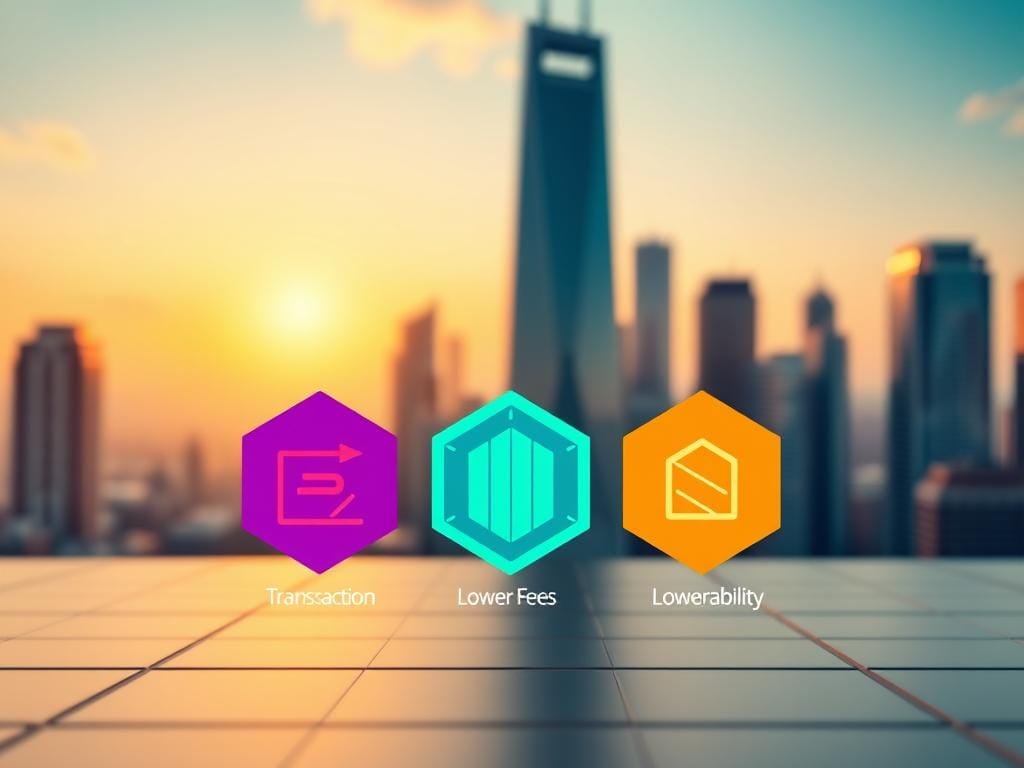 A vibrant, photorealistic rendering of the key benefits of Layer2 scaling solutions for blockchain networks. In the foreground, a trio of colorful, stylized icons symbolizing faster transaction speeds, lower fees, and enhanced scalability. The middle ground features a abstract, hexagonal grid backdrop, representing the layered, modular architecture of Layer2 solutions. In the background, a softly blurred cityscape with towering skyscrapers, conveying the real-world applications and impact of these innovations. Warm, diffused lighting casts a sense of optimism and progress. Captured with a wide-angle lens to emphasize the scope and importance of Layer2 advancements.