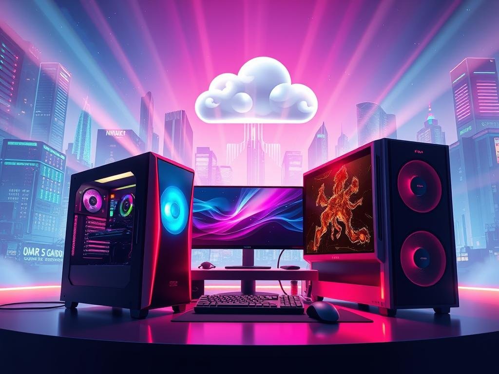 A vibrant, three-dimensional illustration showcasing cloud gaming performance. In the foreground, a sleek, high-end gaming setup with a powerful desktop computer, cutting-edge peripherals, and a large, ultra-high-definition display. Rays of light from the screen's glow illuminate the scene, creating a sense of immersion and technological prowess. In the middle ground, a seamless cloud connection symbolized by stylized data streams and server racks, conveying the seamless integration of cloud resources. The background features a futuristic cityscape, with towering skyscrapers and a vibrant, neon-infused atmosphere, hinting at the boundless possibilities of cloud-powered gaming. The overall tone is one of excitement, innovation, and the future of gaming, capturing the essence of the "User Experience and Performance" section.
