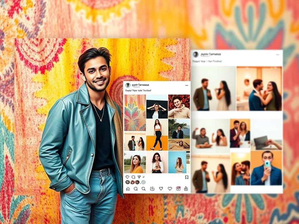 A vibrant, visually engaging social media collage featuring two young, stylishly dressed influencers in a dynamic, collaborative Instagram post. The foreground showcases the duo posing against a colorful, textured backdrop, highlighting their natural chemistry and engaging expressions. The middle ground features a grid-like arrangement of various Instagram post elements, including product shots, lifestyle images, and playful interactions. The background subtly blends a softly blurred social media interface, conveying a sense of digital connectivity and modern online collaboration. Warm, balanced lighting creates a polished, professional aesthetic, while the overall composition and styling evoke a sense of creative, audience-engaging content.