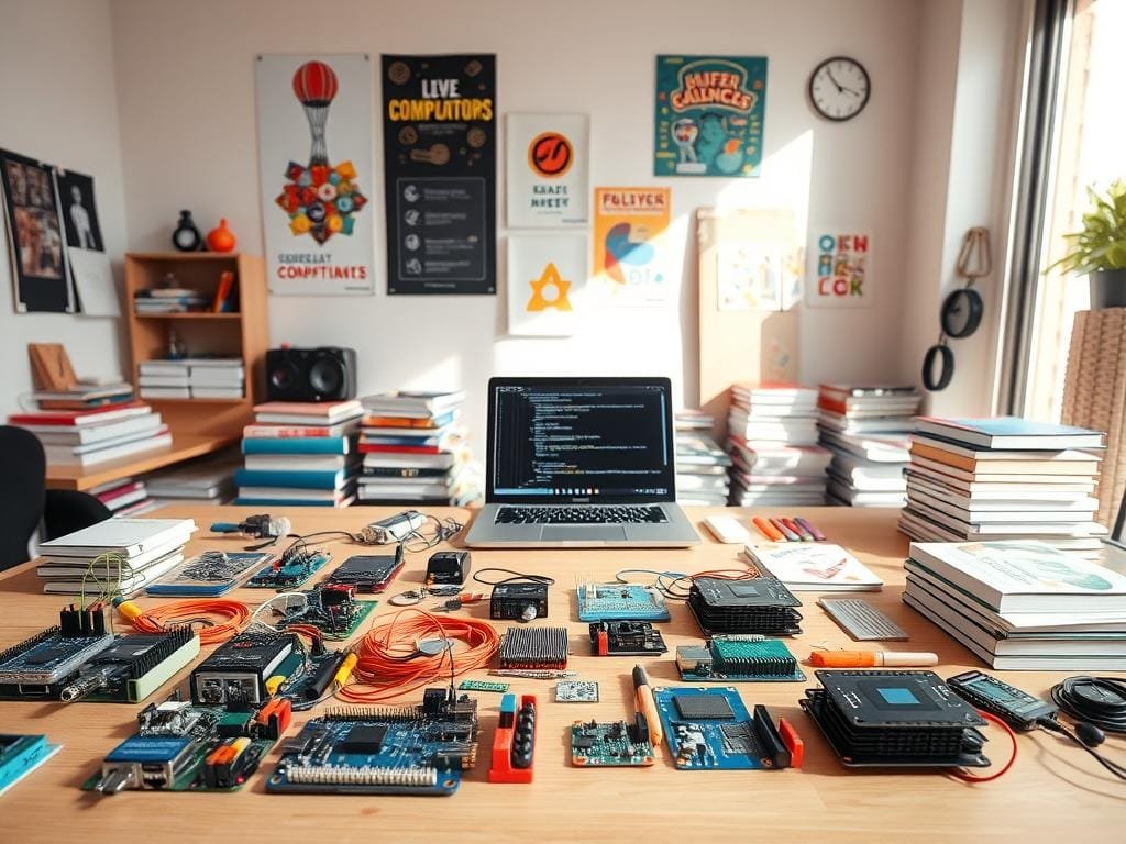 A vibrant, well-lit workspace filled with an array of coding resources for young learners. In the foreground, a diverse set of colorful electronic components, circuit boards, and programming tools arranged neatly on a clean, wooden desk. The middle ground features a sleek laptop displaying lines of code, surrounded by stacks of programming books and tutorials. In the background, a modern, minimalist wall showcases inspirational posters and artwork related to computer science and technology. Warm, natural lighting filters in, creating a welcoming and engaging atmosphere for budding coders to explore and experiment.