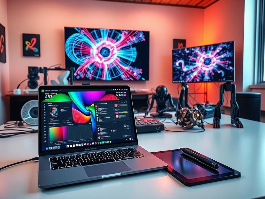 A vibrant workspace filled with generative AI tools. In the foreground, a sleek laptop displays a colorful user interface with creative controls. Beside it, a tablet and stylus await artistic expression. In the middle ground, a 3D-printed sculpture, a music synthesizer, and a robotics kit suggest the diverse applications of these technologies. The background features a large display screen showcasing mesmerizing digital artwork, hinting at the expansive creative possibilities. Warm lighting and a minimalist, modern aesthetic evoke a sense of inspiration and innovation. This image captures the essence of the "Getting Started with Generative AI Tools" section, inviting the viewer to explore the transformative power of these cutting-edge technologies.