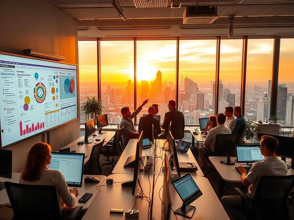 A vibrant workspace filled with sleek collaboration tools. In the foreground, a large interactive whiteboard displays colorful diagrams and mind maps, inviting teamwork. Surrounding it, ergonomic desks with multiple monitors and state-of-the-art video conferencing setups. The middle ground features a cluster of colleagues, engaged in lively discussions, their faces lit by the soft glow of tablet screens. In the background, floor-to-ceiling windows offer a panoramic view of a bustling city skyline, bathed in the warm tones of a golden hour sunset. The overall atmosphere is one of productivity, innovation, and shared purpose.