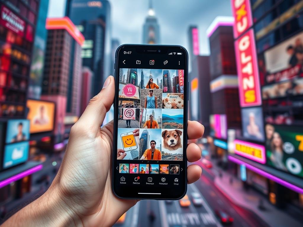 a visually engaging composition showcasing interactive features for instagram stories in 2025. in the foreground, a hand holds a smartphone displaying a dynamic array of interactive stickers, filters, and augmented reality effects that users can seamlessly integrate into their stories. the middle ground features a grid of colorful, high-quality images and videos representing the diverse content shared on the platform. in the background, a vibrant, futuristic cityscape with towering skyscrapers and neon-lit streets sets the scene for this innovative social media experience. captured with a wide-angle lens, the image conveys a sense of energy, creativity, and technological advancement, inviting the viewer to imagine the possibilities of storytelling on instagram in the years to come.