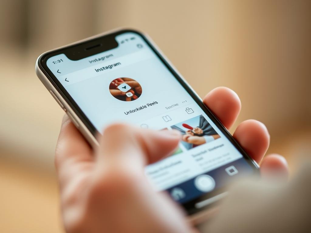 A visually striking close-up of an Instagram user's phone screen, showcasing the new "Unlockable Reels" feature. The foreground depicts the phone's display, with a sleek, modern interface highlighting the Reels section. The middle ground shows the user's hand interacting with the screen, creating a sense of interactivity and personal connection. The background is blurred, creating a shallow depth of field and drawing the viewer's attention to the central element. The lighting is soft and diffused, providing a warm, inviting atmosphere. The overall composition conveys a sense of curiosity and anticipation, capturing the essence of this new Instagram functionality.