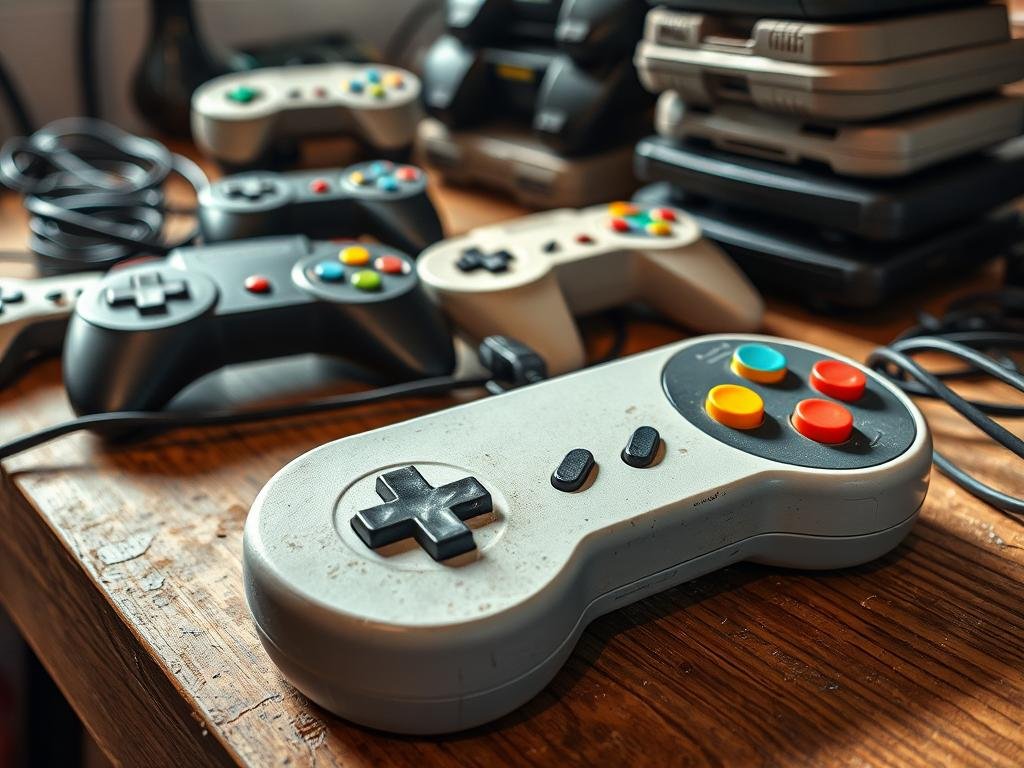 a weathered collection of classic video game controllers rests on a wooden workbench, bathed in soft, directional lighting. in the foreground, a nintendo snes controller with faded buttons and joystick is being carefully restored, its original vibrant colors gradually revealed as the grime is meticulously cleaned away. in the middle ground, a sega mega drive controller with a worn shell and discolored grip awaits its turn, while in the background, a stack of other vintage controllers stands ready for the same treatment, their histories hinted at by their well-worn exteriors. the scene conveys a sense of reverence and attention to detail, as these beloved gaming relics are brought back to their former glory.