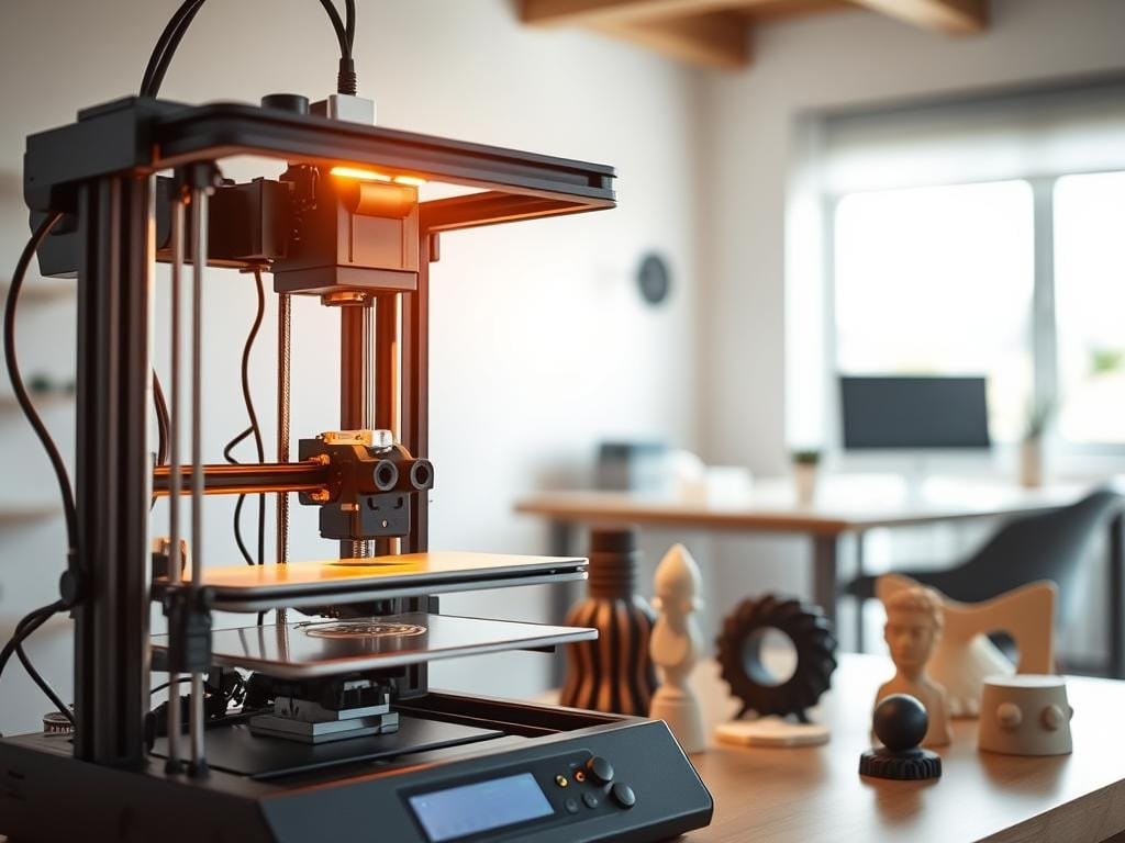 A well-lit 3D printer in the foreground, intricate mechanical components and extruders visible, casting a warm glow. In the middle ground, partially printed 3D objects in various stages of completion, showcasing the diverse applications of this technology. The background depicts a modern, minimalist home workspace, with clean lines and ample natural light, creating an inviting and inspiring environment for home 3D printing. The scene conveys a sense of creativity, innovation, and the potential of this transformative technology to empower individuals in their daily lives.