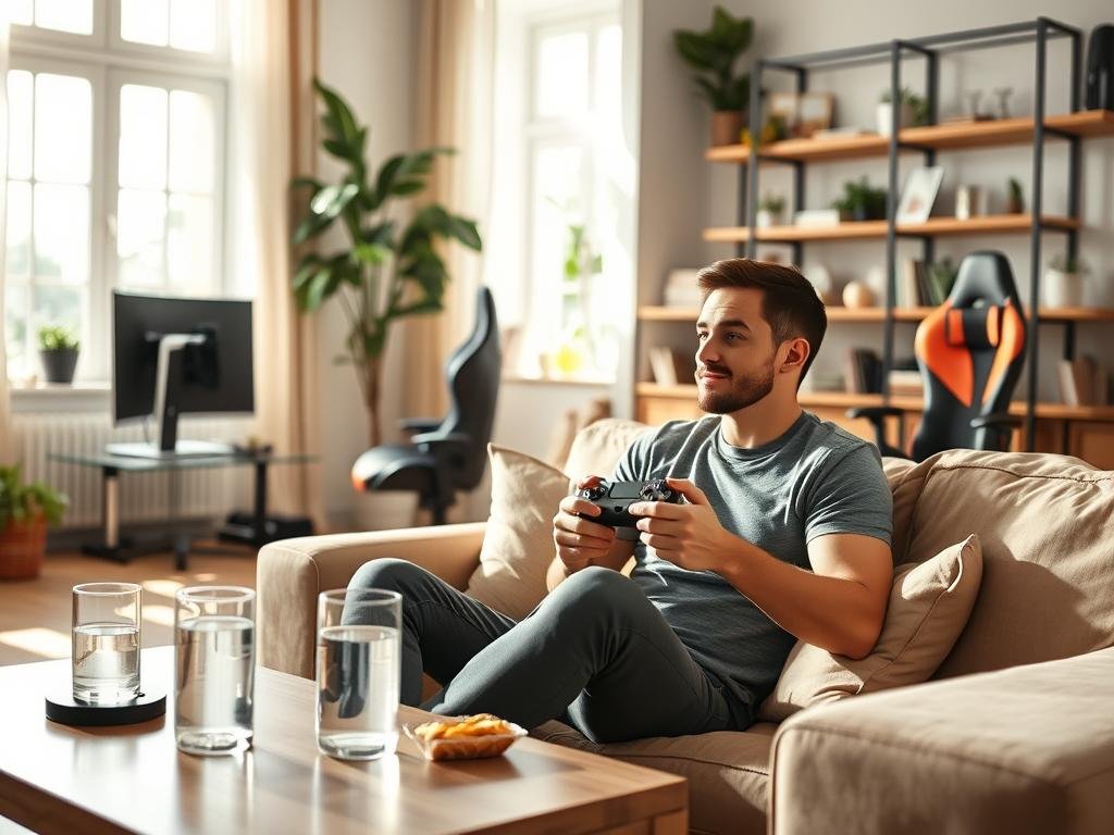 A well-lit, airy living room scene with natural light streaming through large windows. In the foreground, a person is sitting comfortably on a plush couch, engaged with a video game controller in hand, their expression focused yet relaxed. On the coffee table, a glass of water and a healthy snack, symbolizing a balanced approach. In the middle ground, gaming peripherals like a high-quality monitor and ergonomic gaming chair are neatly arranged, suggesting intentional setup. The background features shelves with a mix of books, plants, and personal mementos, creating a cozy, harmonious atmosphere. The overall mood is one of mindfulness, balance, and a healthy relationship with gaming.