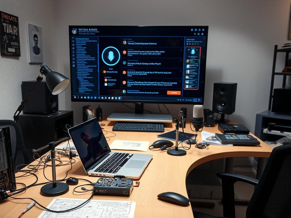 A well-lit and organized office workspace with a developer's desk, featuring a sleek laptop, a microphone, and an array of programming tools. The desk is adorned with various electronic components, cables, and technical schematics, conveying a sense of a sophisticated voice assistant development environment. In the background, a large, high-resolution display showcases the user interface of a voice-controlled AI assistant, with visual indicators and command prompts. The overall atmosphere is one of focused, technological innovation, reflecting the challenges and excitement of building a custom voice assistant.