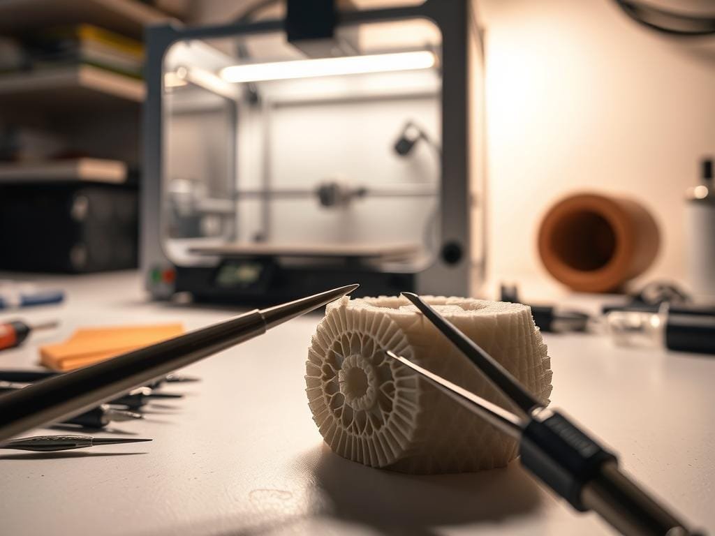 A well-lit, close-up view of a 3D-printed object being post-processed on a clean, organized workbench. In the foreground, a pair of precision tweezers delicately removes excess material from the intricate surface details. In the middle ground, various 3D printing tools and accessories, such as a set of files, sandpaper, and a small rotary tool, are arranged neatly. The background features a softly blurred 3D printer, casting a warm, technical glow over the scene. The overall mood is one of focused, meticulous craftsmanship, reflecting the care and attention required to refine a 3D-printed model.