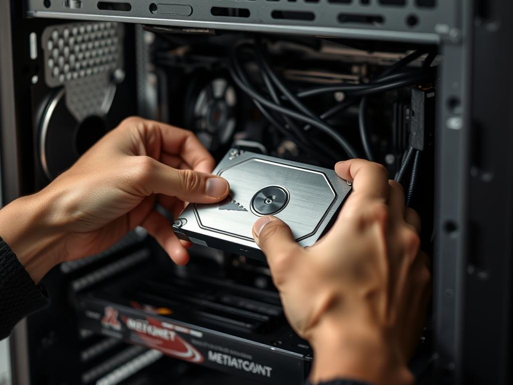 a well-lit, close-up view of a person's hands carefully inserting a new hard drive into the open internal bay of a desktop computer. the silver metal casing of the hard drive contrasts with the black and gray components of the computer's interior. precise movements guide the drive into the slot, with a focus on the delicate connection points. soft shadows and highlights accentuate the three-dimensional form, conveying a sense of technical precision and attention to detail. the overall scene exudes a calm, focused atmosphere, reflecting the methodical process of upgrading a computer's storage.