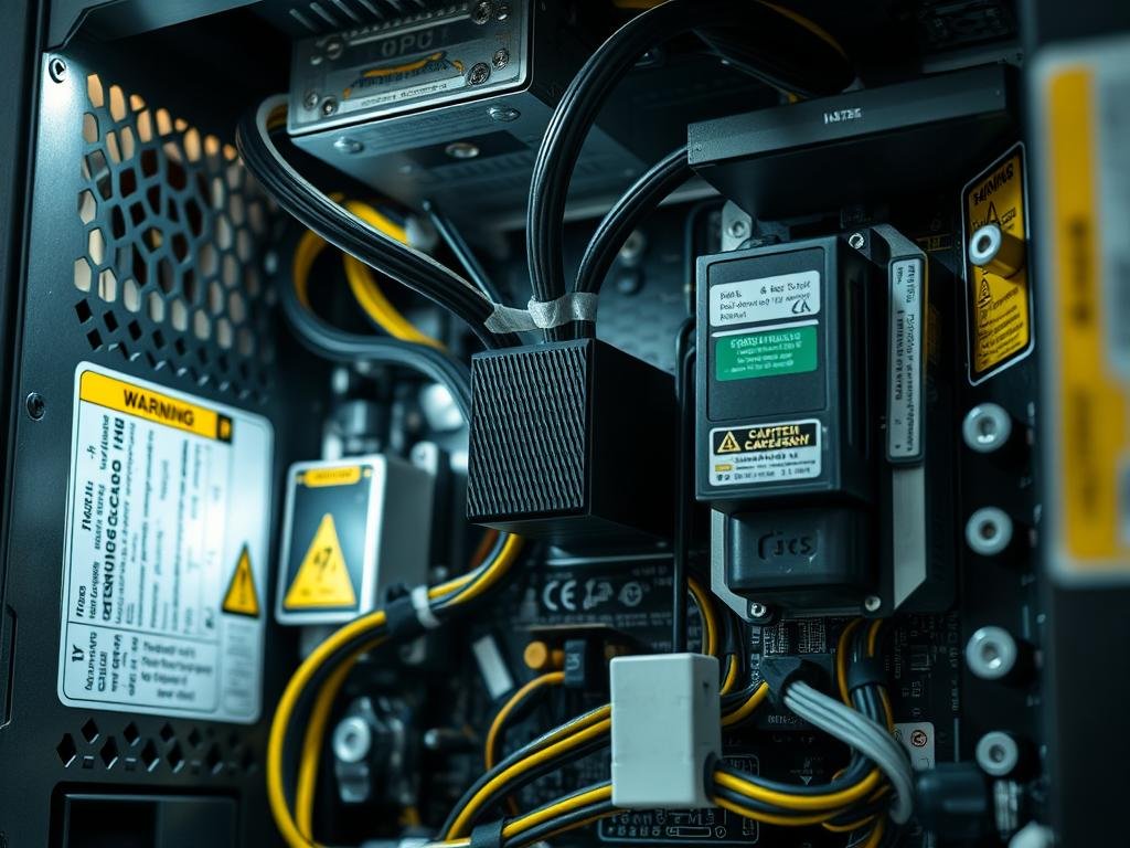 a well-lit, close-up view of a power supply unit, showcasing its internal components and safety features. the focus is on the power connections, with clear isolation barriers, insulated wiring, and prominent warning labels. the overall mood is one of precision and caution, conveying the importance of handling psus with care. the lighting is bright and evenly distributed, revealing the intricate layout of the circuit board, heat sinks, and other key elements. the camera angle is slightly elevated, providing a detailed, almost surgical perspective on the subject matter.