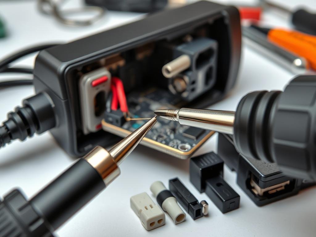 a well-lit close-up view of a repaired power adapter, showcasing the internal components. the adapter's exterior casing is opened, revealing the circuit board, wires, and connectors. the foreground displays the delicate process of soldering damaged connections, with a pair of precision tweezers and a soldering iron in use. the middle ground features a set of replacement parts, including a new adapter casing and compatible connectors. the background suggests a clean, organized workspace, with tools and materials neatly arranged, conveying a sense of professionalism and attention to detail in the repair process.