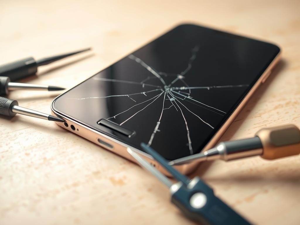 a well-lit close-up view of a smartphone's cracked display screen, with the screen's internal components and repair tools such as screwdrivers, tweezers, and suction cups visible in the foreground. the background should be a clean, minimalist workspace, perhaps a wooden or metal surface, to emphasize the technical nature of the repair process. the lighting should be bright and directional, creating defined shadows and highlights to showcase the intricate details of the screen and repair tools. the overall mood should convey a sense of focus, precision, and the diy spirit of troubleshooting and repairing a common smartphone issue.