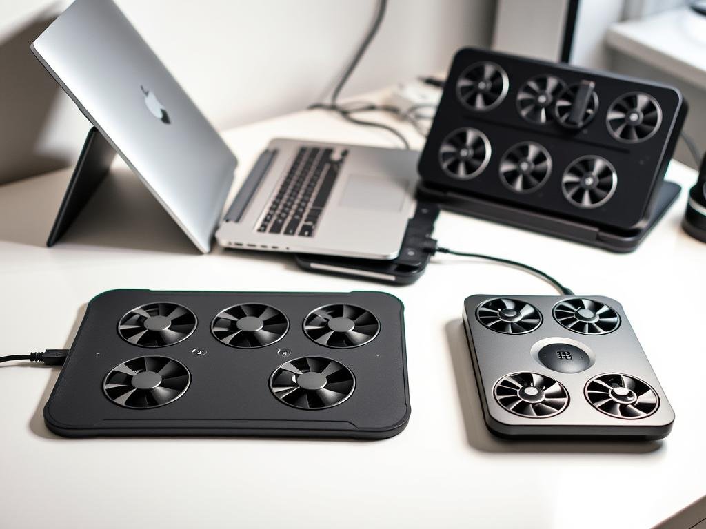 a well-lit close-up view of various laptop cooling solutions, including a slim metal laptop stand with angled vents, a usb-powered laptop cooling pad with multiple fans, and a compact desktop-mounted cooling station with adjustable fans. the arrangement is displayed on a clean, minimalist tabletop, showcasing the technical features and design aesthetics of these cooling accessories. the lighting is soft and directional, highlighting the form and function of the devices. the overall mood is one of practical utility and attention to detail, reflecting the importance of maintaining a laptop's thermal performance for optimal long-term use.