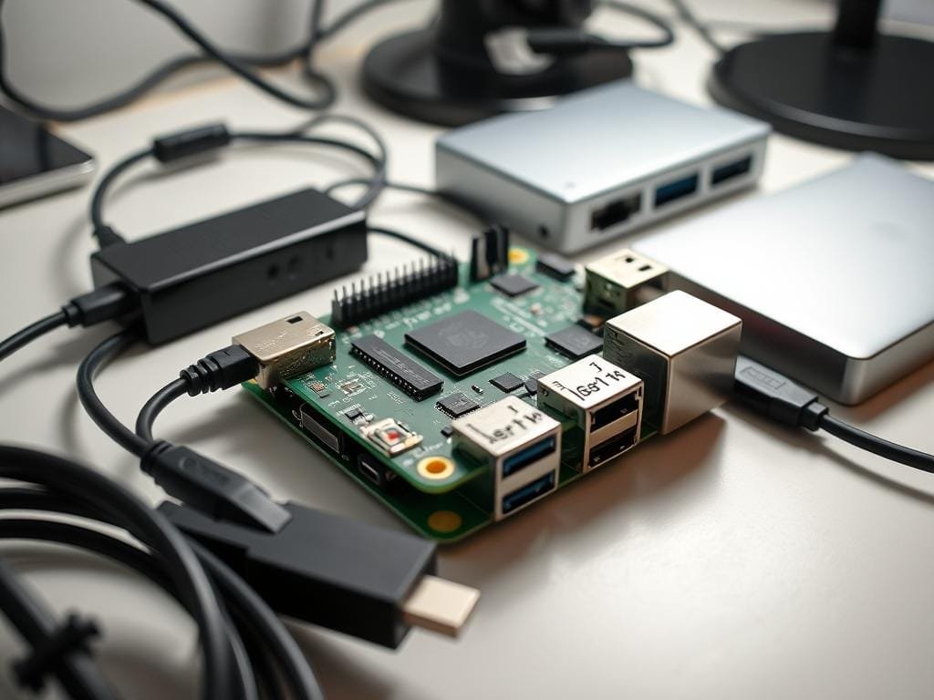 A well-lit, closeup view of a modern Raspberry Pi 4 single-board computer setup. The Raspberry Pi sits on a clean, organized workbench, surrounded by various accessories - a USB hub, an HDMI cable, an Ethernet cable, a micro-SD card, and a sleek, minimalist case. The lighting is soft and diffused, creating an inviting, professional atmosphere. The camera angle is positioned to showcase the Raspberry Pi's key features, ports, and connections, providing a clear, detailed view for the viewer to study and understand the hardware setup.