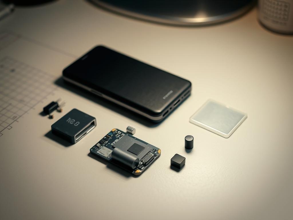 A well-lit desktop scene, showcasing a disassembled power bank on a clean, neutral-toned surface. The power bank components are arranged neatly, including the circuit board, battery cells, and casing. The lighting is soft and diffused, accentuating the technical details. In the background, a subtle grid pattern or blueprint-style overlay provides a sense of technical documentation. The overall mood is one of thoughtful analysis and problem-solving, inviting the viewer to engage with the troubleshooting process.