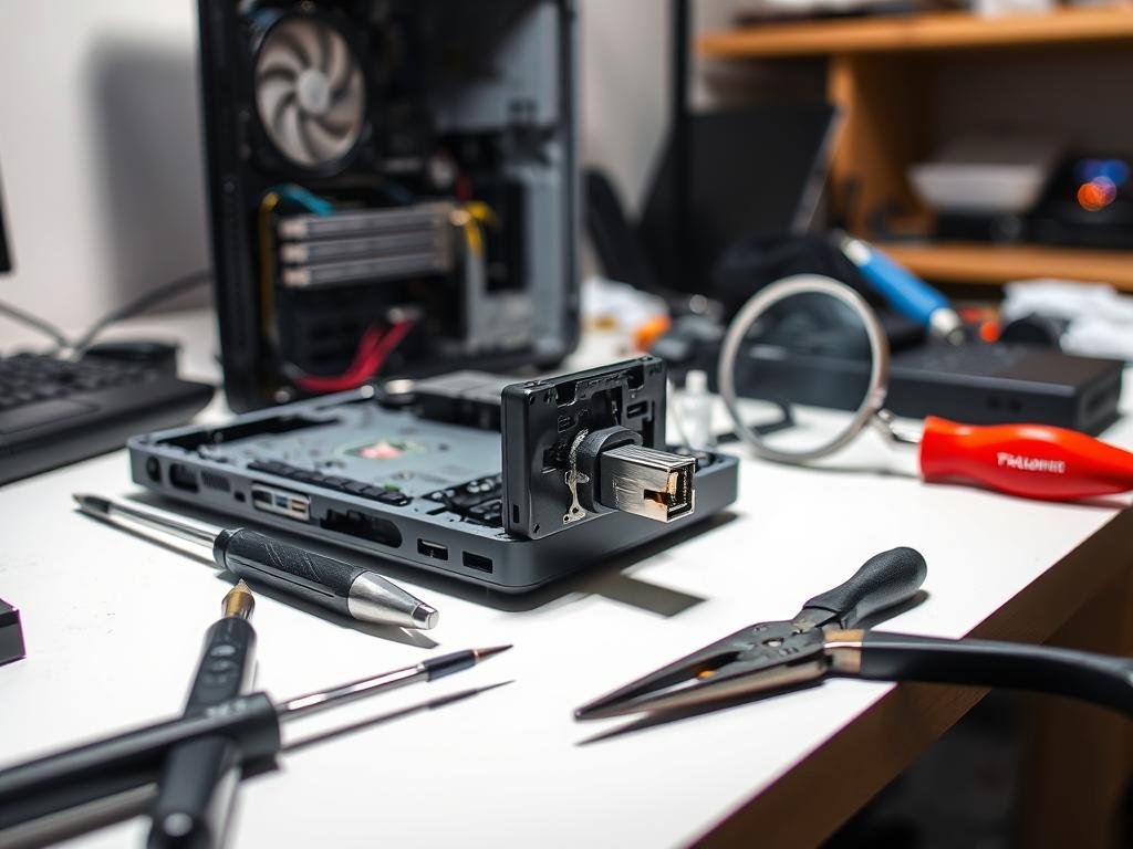 a well-lit desktop workbench, the focus centered on a disassembled computer with its usb port exposed. on the table, an array of tools - screwdrivers, pliers, and a magnifying glass - stand ready to assist in the delicate task of troubleshooting the damaged port. the lighting is bright yet soft, illuminating the intricate components and creating a sense of precision and care. the background is slightly blurred, keeping the attention on the task at hand - the meticulous examination and potential repair of the malfunctioning usb connection.