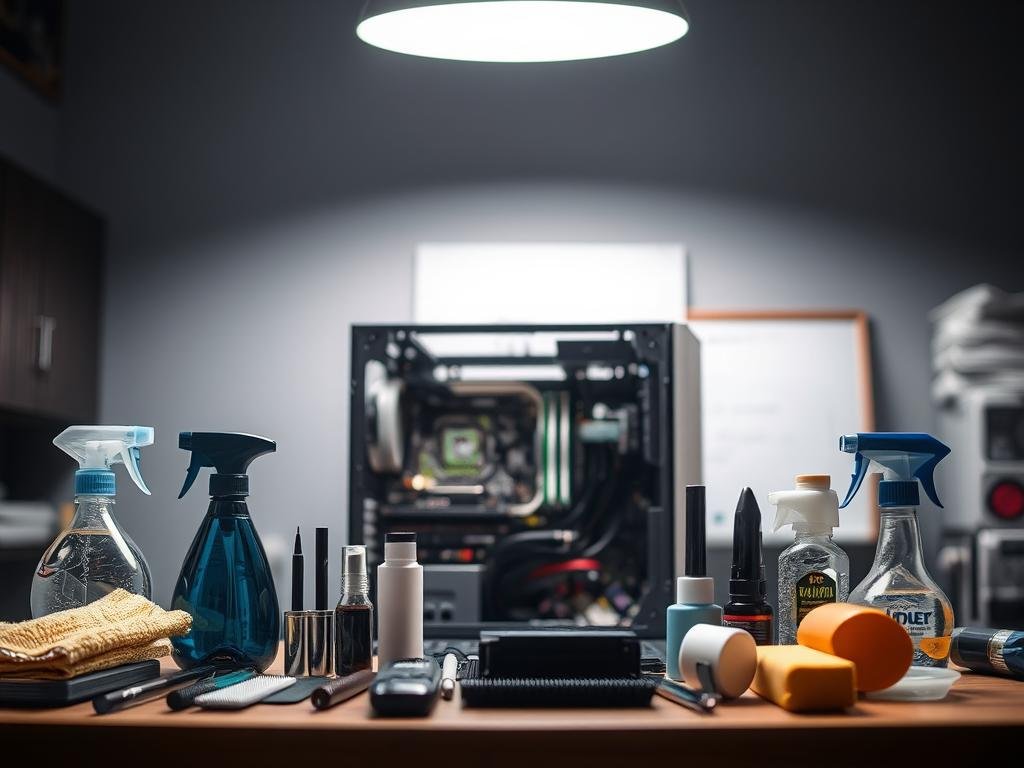 a well-lit desktop workspace, with various cleaning tools neatly arranged in the foreground. in the center, a disassembled desktop computer, its components meticulously displayed for easy access. the lighting is soft and diffused, creating a sense of focus and attention to detail. the background is blurred, keeping the attention on the task at hand. the overall atmosphere conveys a professional, organized, and methodical approach to desktop component cleaning, reflecting the subject of the article's section.