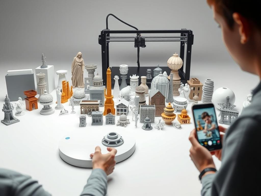 A well-lit, detailed 3D scene showcasing various DIY 3D scanner applications. In the foreground, a person scans a small object on a turntable using a smartphone-based 3D scanner. The middle ground features a collection of 3D printed models, including figurines, architectural elements, and industrial parts. In the background, a large 3D printer is visible, highlighting the ability to create tangible objects from the scanned data. The scene has a clean, modern aesthetic with soft, even lighting, emphasizing the versatility and accessibility of DIY 3D scanning technology.