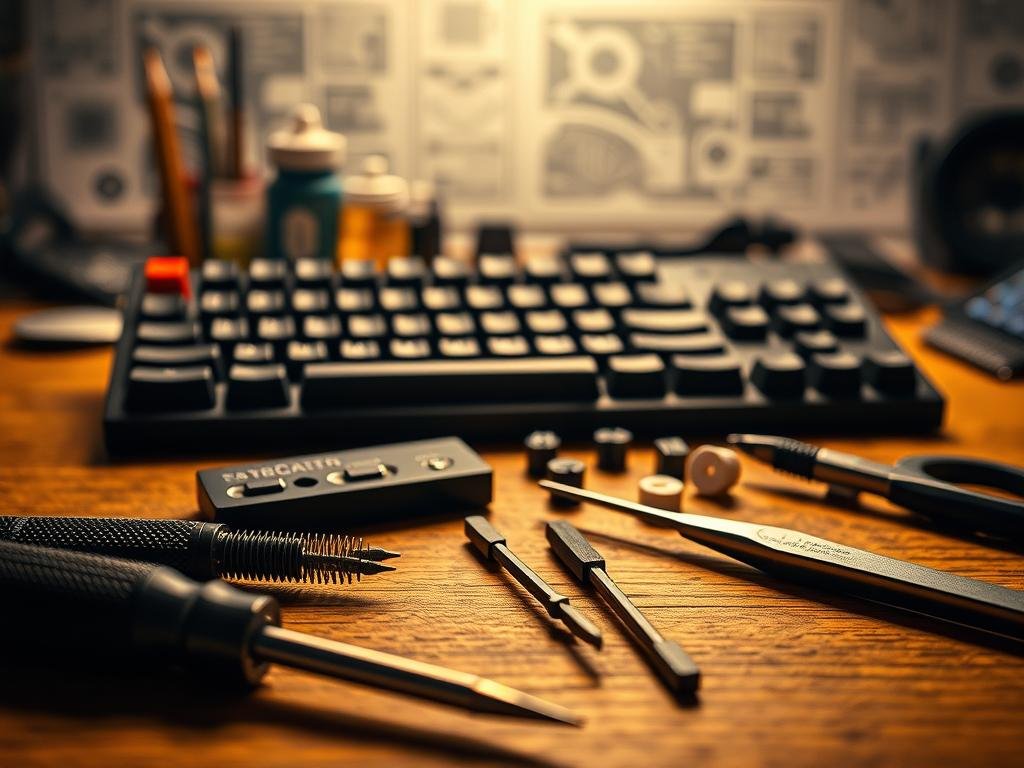 A well-lit, detailed still life showcasing an assortment of mechanical keyboard repair tools. In the foreground, a precision screwdriver set, tweezers, and a keycap puller lie neatly arranged on a wooden workbench. In the middle ground, a disassembled keyboard frame and a set of replacement switches and keycaps are visible, hinting at the repair process. The background features a softly blurred, minimalist workspace with hints of technical drawings or diagrams on the walls, creating a professional, workshop-like atmosphere. Warm, directional lighting casts subtle shadows, emphasizing the textures and materials of the tools.