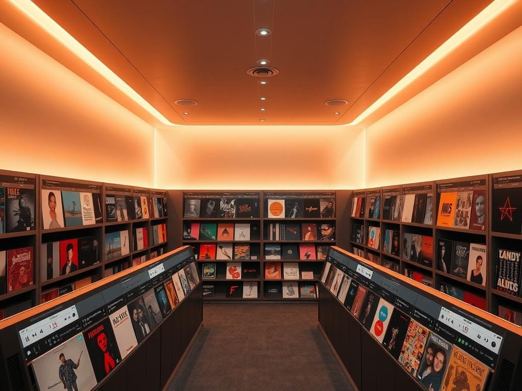 A well-lit, expansive, and inviting Instagram audio library, with rows of album covers and audio controls arranged neatly against a sleek, modern backdrop. Warm, diffused lighting from overhead creates a sense of depth and highlights the vibrant, diverse music genres. The interface is intuitive, with smooth transitions and subtle animations, inviting the user to effortlessly browse and discover new audio content. A sense of creativity and musical exploration permeates the scene, reflecting the platform's role as a hub for sonic inspiration and expression.