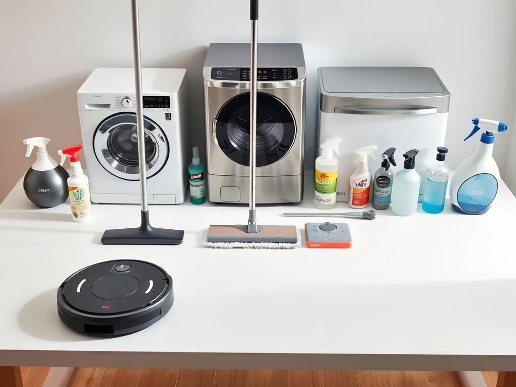 A well-lit, high-angle view of an assortment of innovative household cleaning items arranged on a clean, minimalist white tabletop. In the foreground, a sleek robotic vacuum cleaner, a smart mop with a microfiber head, and a cordless handheld steam cleaner. In the middle ground, a compact, futuristic-looking washing machine and a touchscreen-enabled dishwasher. In the background, a line of neatly organized, color-coded cleaning products, sprays, and tools. The scene has a modern, efficient, and streamlined aesthetic, conveying a sense of effortless cleaning and organization.