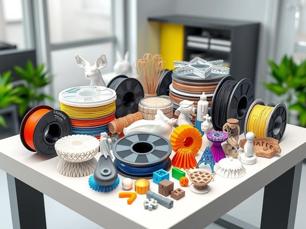 A well-lit, high-quality 3D rendering of an assortment of diverse 3D printing materials arranged on a clean, modern table. The materials include a variety of filaments in different colors and textures, such as PLA, PETG, ABS, and specialty materials like wood, metal, and nylon. The materials are displayed in an organized, visually appealing manner, showcasing their unique properties and potential applications for 3D printing practical household items. The image has a technical, yet inviting atmosphere, highlighting the range of materials available for the home 3D printing enthusiast.