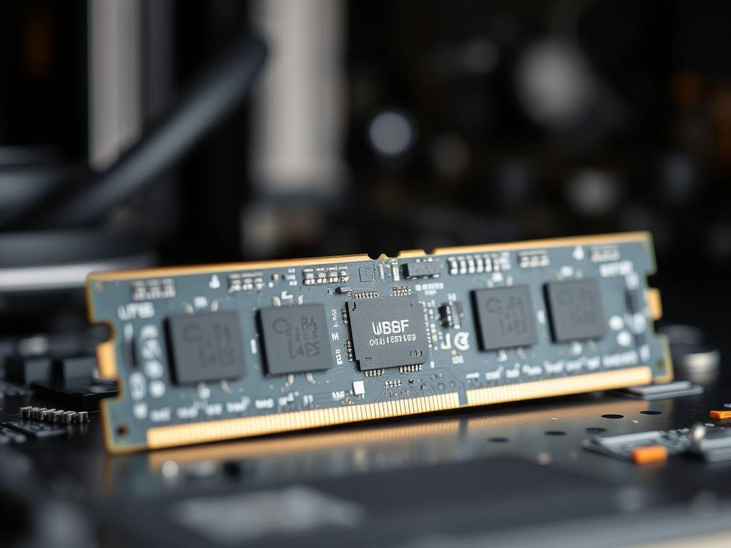a well-lit, high-resolution close-up image of a computer ram module, showcasing its intricate design and technical specifications. the ram module is positioned prominently in the foreground, with a sleek, modern aesthetic. the background is blurred, creating a sense of depth and focus on the subject. the lighting is soft and diffused, highlighting the details of the ram module's circuits, pins, and heat sink. the image conveys a sense of technological sophistication and the importance of choosing the right ram for upgrading an old laptop to boost its performance.