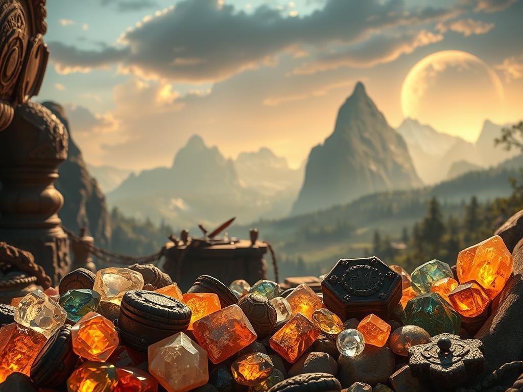 A well-lit, high-resolution scene of a fantasy gaming environment. In the foreground, a collection of glowing, crystalline resources - shimmering gemstones, sparkling ores, and mysterious relics. The middle ground features a weathered, ancient workbench or crafting station, with tools and materials strewn about. In the background, a vast, majestic landscape unfolds - towering mountains, lush forests, and a glowing, otherworldly sky. The lighting is warm and dramatic, casting dramatic shadows and highlights across the scene. The overall mood is one of discovery, wonder, and the potential for powerful in-game upgrades and crafting.