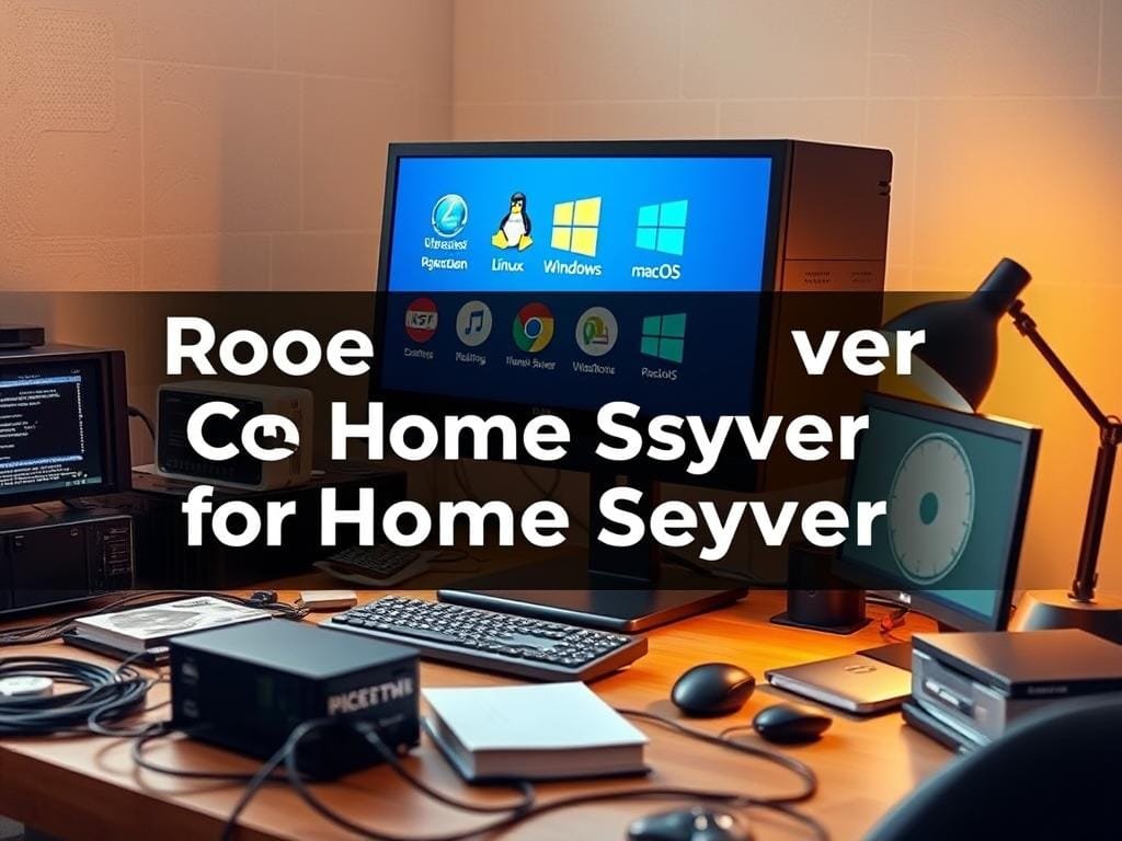 A well-lit home office setting with a prominently displayed desktop computer, representing a powerful home server. The screen displays various operating system logos, including Linux distributions, Windows, and macOS, showcasing the different options available for a home server setup. The desk is cluttered with technical books, cables, and other computer peripherals, creating an atmosphere of a tech-savvy workspace. Soft, warm lighting illuminates the scene, and the background features a modern, minimalist design with neutral tones to keep the focus on the central elements. The overall composition emphasizes the decision-making process involved in choosing the right operating system for a home server, reflecting the subject and section title of the article.