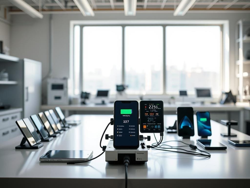 A well-lit laboratory setting, with a sleek, modern workbench showcasing a collection of the latest flagship smartphones. In the foreground, the central focus is a smartphone battery life testing rig, complete with precision instrumentation and digital readouts displaying battery capacity, charge times, and other key metrics. Subtle background lighting casts a professional, technical ambiance, while a large window allows natural daylight to flood the space, creating a sense of openness and scientific inquiry. The overall composition conveys a meticulous, data-driven approach to evaluating the battery performance and charging capabilities of the top smartphones of 2025.