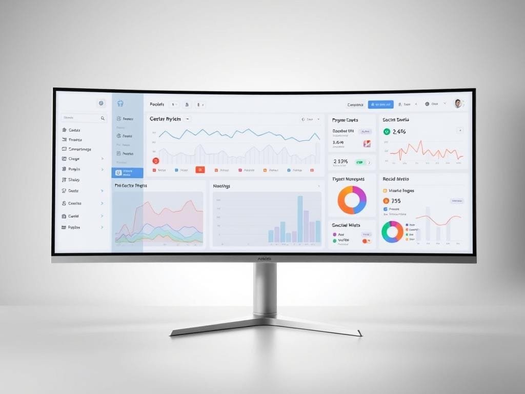 A well-lit, modern analytics dashboard displayed on a large widescreen monitor. The dashboard features various data visualizations such as line graphs, bar charts, and pie charts, all showing key metrics and insights related to social media performance. The layout is clean, intuitive, and easy to navigate, with color-coded sections and interactive elements. The background is a soft, neutral gray, allowing the dashboard to take center stage. The overall atmosphere is one of professionalism, clarity, and data-driven decision making, perfectly suited to illustrate the "Analyzing Data with Buffer's Insights" section of the article.