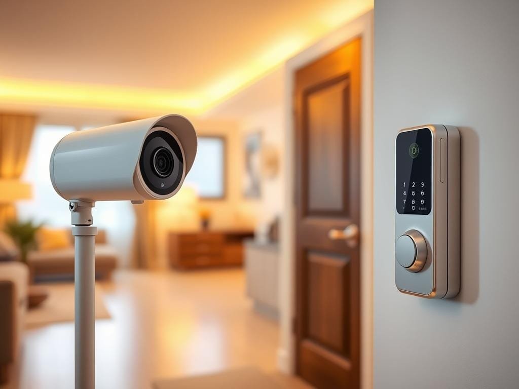 A well-lit, modern home interior with a focus on smart security devices. In the foreground, a sleek, minimalist security camera stands vigilant, its lens capturing every detail. In the middle ground, a smart doorbell with a crisp display and motion sensors blends seamlessly into the wall. Towards the back, a smart lock secures the entryway, its touchpad gleaming under warm, diffused lighting. The overall atmosphere is one of high-tech efficiency and peace of mind, creating a sense of safety and control within the home.
