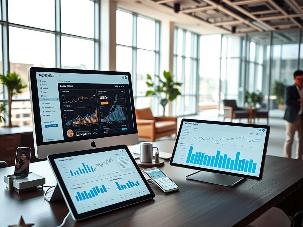 A well-lit, modern office interior with a large desk showcasing an array of social media analytics tools. In the foreground, a high-end desktop computer displays real-time social media metrics and trends on its sleek monitor. Nearby, a tablet presents detailed audience insights, while a smartphone provides quick access to campaign performance. In the middle ground, a cozy lounge area with plush seating invites contemplation of the data. The background features floor-to-ceiling windows, allowing natural light to flood the space and create a sense of openness and productivity. The overall scene conveys a professional, tech-savvy atmosphere ideal for exploring the comprehensive social media insights offered by Agorapulse.