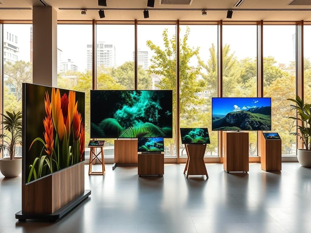 A well-lit, modern showroom showcasing the latest eco-friendly display technology. In the foreground, a large, energy-efficient OLED screen displays vivid, lifelike imagery with deep blacks and vibrant colors. The middle ground features various display stands made from sustainable materials like bamboo or recycled plastics, each demonstrating innovative features like flexible screens, ultra-thin bezels, and low power consumption. The background depicts large windows overlooking a lush, green urban landscape, bathing the space in warm, natural light and creating a serene, environmentally-conscious atmosphere.