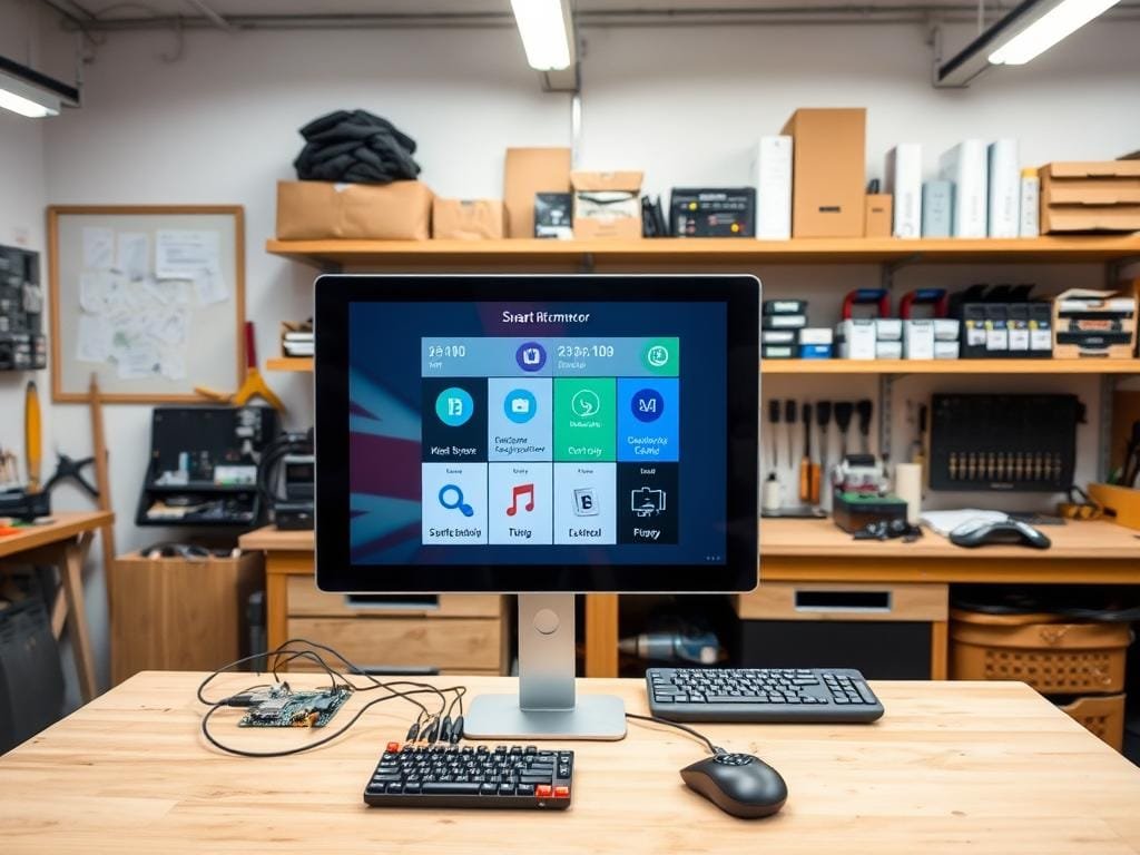 A well-lit, modern workshop showcasing various DIY smart mirror display options. In the foreground, a sleek, frameless mirror display stands on a sturdy workbench, its crisp, high-resolution screen displaying customizable information panels. In the middle ground, a compact single-board computer and a selection of input devices, such as a wireless keyboard and touchpad, sit neatly organized. The background features shelves stocked with electronic components, tools, and reference materials, creating an atmosphere of a well-equipped, tech-savvy workspace. The lighting is balanced, accentuating the clean, minimalist design of the display and its supporting hardware.