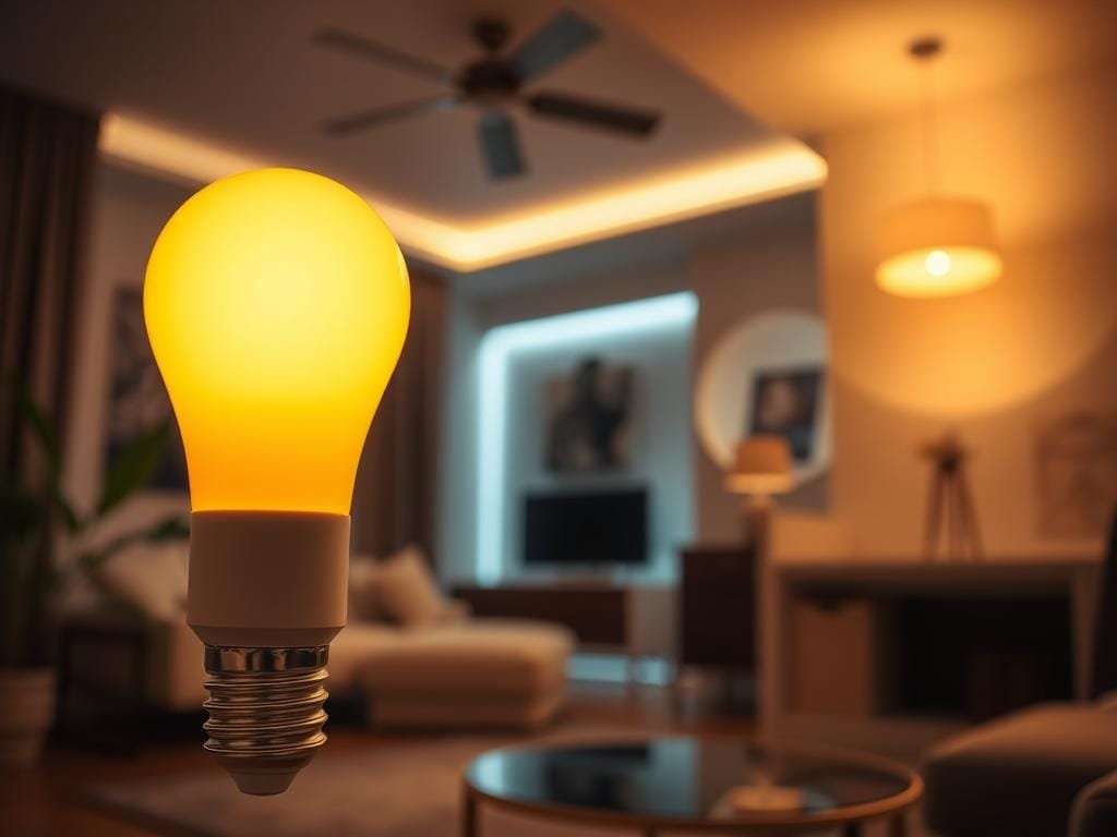 A well-lit room showcasing various smart lighting solutions. The foreground features a sleek, minimalist smart light bulb, its warm glow illuminating the space. In the middle ground, a smart light strip elegantly outlines the room's architecture, casting a subtle ambient light. The background showcases a smart light fixture with adjustable color temperature, creating a cozy, inviting atmosphere. The scene is captured with a wide-angle lens, emphasizing the seamless integration of these cutting-edge lighting technologies into a modern, stylish home interior. The overall mood is one of efficiency, convenience, and a touch of futuristic elegance.