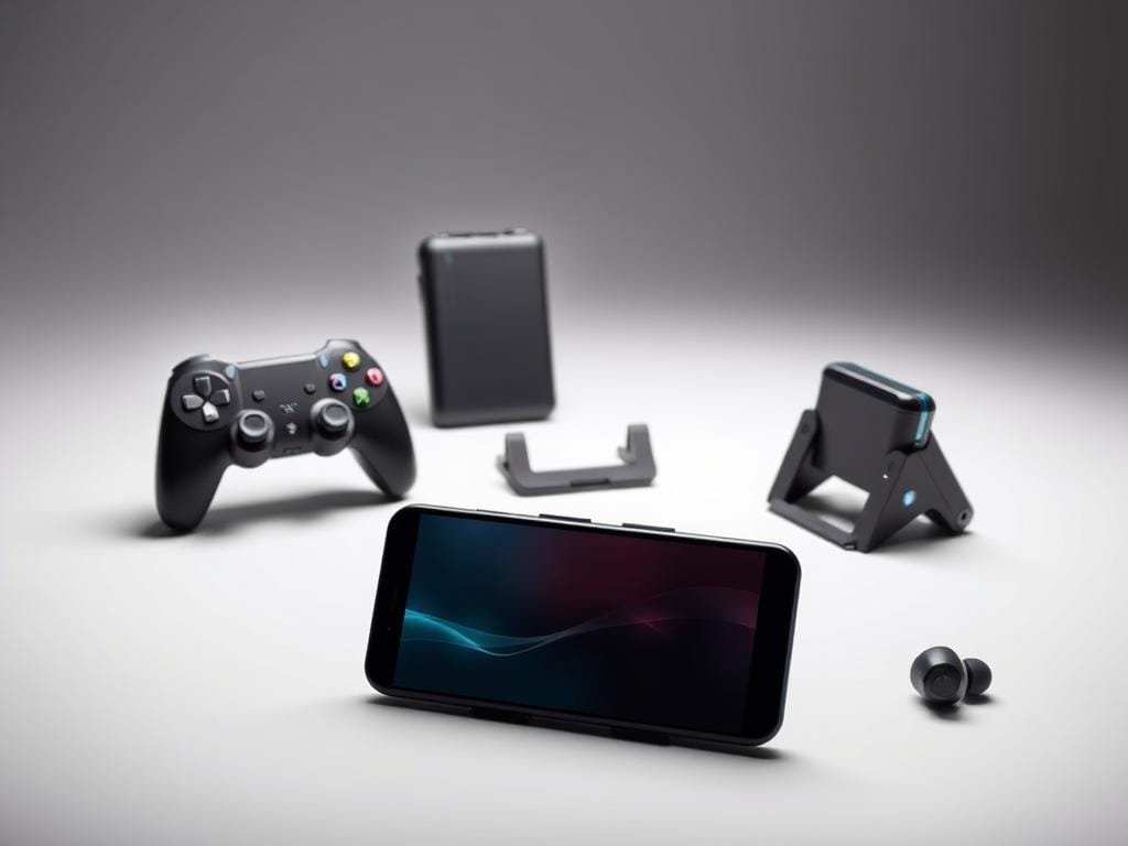 A well-lit studio scene showcasing an assortment of mobile gaming accessories. In the foreground, a sleek gaming smartphone is propped up, surrounded by a wireless gaming controller, a folding mobile stand, and a pair of high-quality earbuds. In the middle ground, a portable power bank and a mobile grip case are arranged neatly. The background features a subtle gradient backdrop, highlighting the premium quality and technical capabilities of the accessories. The overall composition conveys a sense of seamless integration between mobile devices and the essential gear needed for an immersive on-the-go gaming experience.