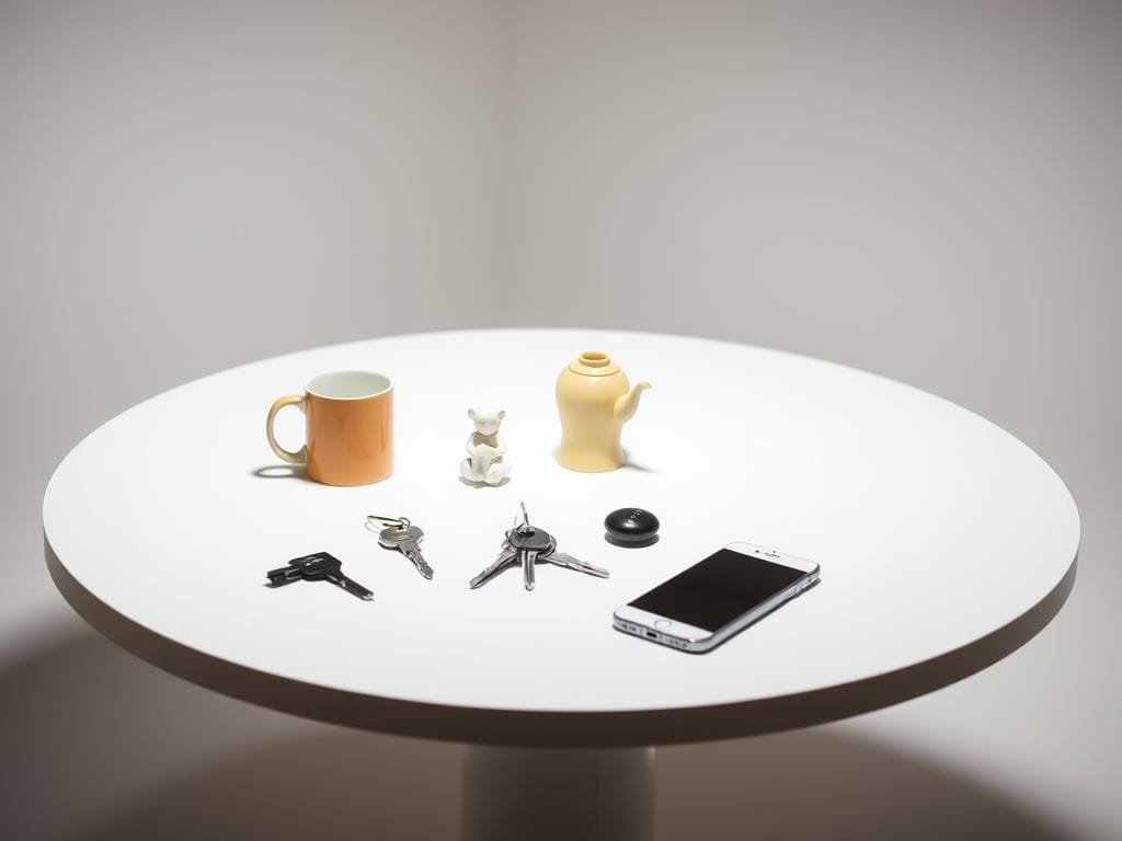 A well-lit studio setting with a central table displaying an assortment of household objects - a coffee mug, a small figurine, a set of keys, and a smartphone. The objects are arranged in an organized, symmetrical manner, inviting the viewer to carefully examine each item. Soft, diffused lighting illuminates the scene, creating a sense of focus and clarity. The background is clean and uncluttered, allowing the objects to take center stage. The overall atmosphere is one of thoughtful contemplation, encouraging the viewer to consider the potential of these everyday items as subjects for a DIY 3D scanning project.