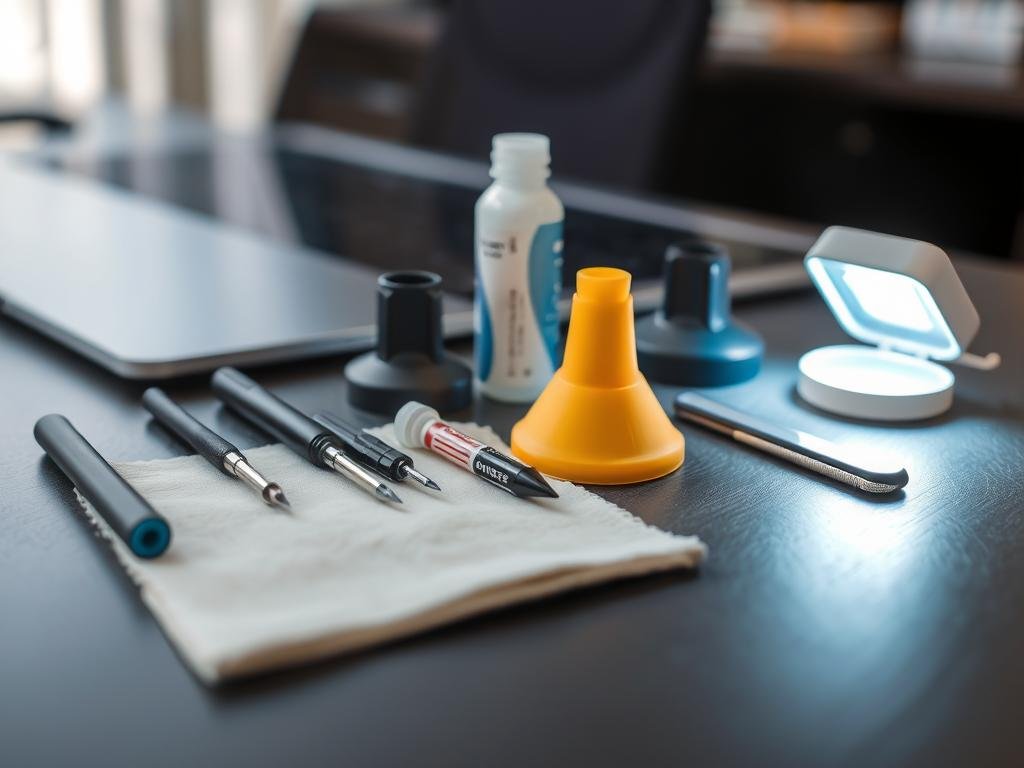 a well-lit tabletop showcasing an assortment of laptop screen repair tools, including a precision screwdriver set, suction cups, screen adhesive, a microfiber cloth, and a small led lamp. the tools are arranged neatly, conveying a sense of order and preparedness. the background is blurred, keeping the focus on the essential items needed for the screen repair task. the lighting creates a professional, technical atmosphere, highlighting the intricate details of the tools and their purpose in the repair process.