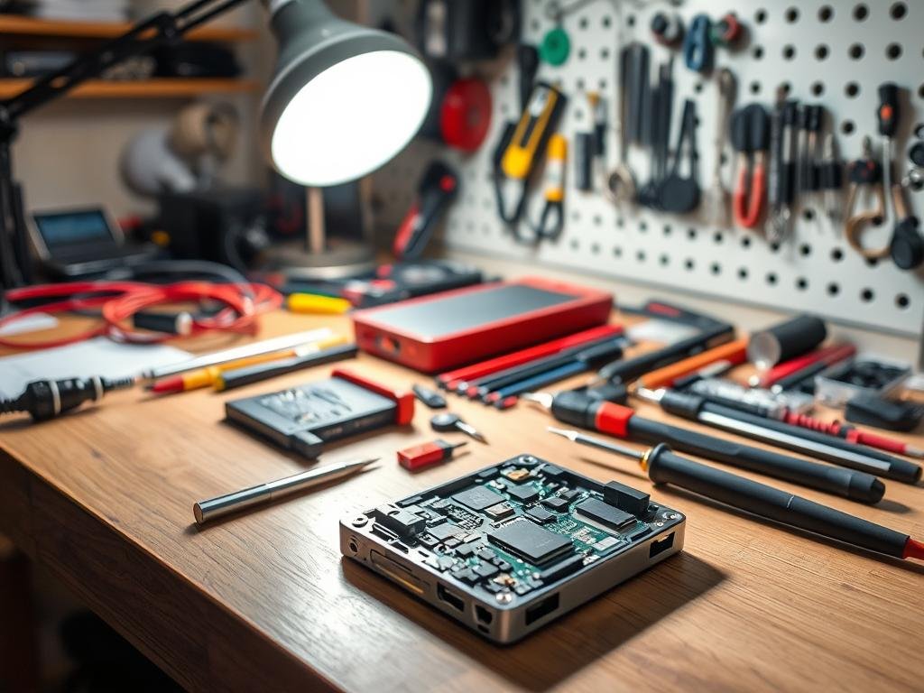 A well-lit workbench with an assortment of tools, including soldering iron, multimeter, and precision screwdrivers. In the foreground, a disassembled power bank, its internal components laid out neatly. The middle ground showcases a magnifying lamp, illuminating the delicate circuit board. In the background, a wall-mounted pegboard displays a variety of replacement parts and accessories. The overall scene conveys a sense of focus, problem-solving, and the technical expertise required to diagnose and repair common power bank issues.