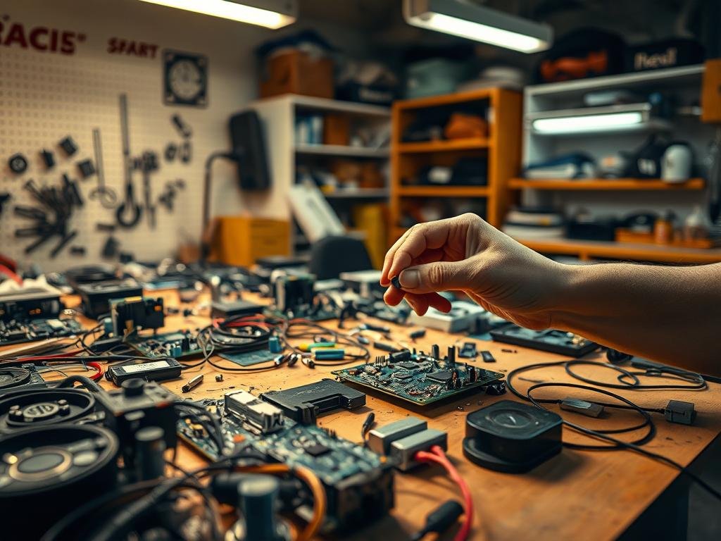 A well-lit workshop interior, with a central workbench featuring an array of disassembled electronic devices - circuit boards, wires, and components scattered across the surface. In the foreground, a pair of skilled hands carefully replacing a capacitor on a motherboard, while the background showcases shelves stocked with spare parts and tools. Warm, focused lighting illuminates the scene, creating a sense of concentration and problem-solving. The atmosphere conveys the methodical process of repairing and upgrading electronics, highlighting the smart choice of replacement when necessary.