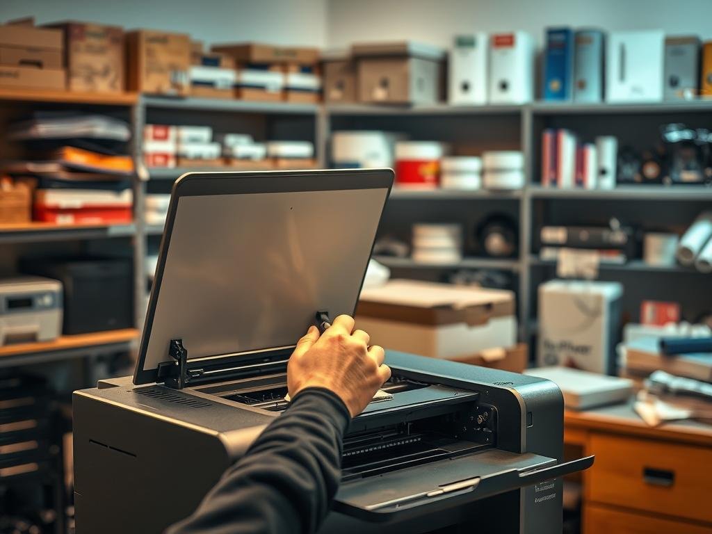 A well-lit workshop interior with a desk-mounted printer in the foreground, its cover open to reveal its inner mechanisms. In the middle ground, a technician's hands are shown carefully examining and cleaning the printer components using specialized tools. The background features shelves stocked with printer supplies, spare parts, and maintenance manuals, creating a professional, service-oriented atmosphere. The lighting is warm and directional, casting subtle shadows that highlight the intricate details of the printer's construction. An air of focus and attentiveness pervades the scene, reflecting the importance of proper printer maintenance for reliable home and office use.