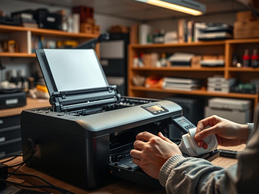 A well-lit workshop interior with a desk showcasing a disassembled printer, its components neatly arranged. In the foreground, a technician's hands are carefully inspecting and cleaning the various parts. The background features shelves stocked with printer maintenance supplies, conveying a sense of expertise and preparedness. Warm, focused lighting illuminates the scene, creating a professional, problem-solving atmosphere. The composition emphasizes the importance of proactive printer maintenance to prevent issues, aligning with the article's "Printer Maintenance Tips to Prevent Issues" section.