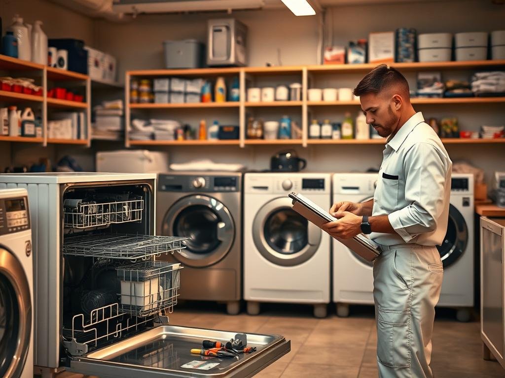 a well-lit workshop interior with a variety of home appliances arranged neatly on workbenches. in the foreground, a technician in a crisp white uniform carefully examines the inner workings of a dishwasher, their tools and spare parts nearby. in the middle ground, a washer and dryer stand side by side, their panels removed to reveal their intricate mechanisms. the background showcases shelves stocked with cleaning supplies, replacement parts, and technical manuals, creating an atmosphere of organized efficiency. warm, diffused lighting casts a professional, educational tone, inviting the viewer to learn about the art of home appliance maintenance.