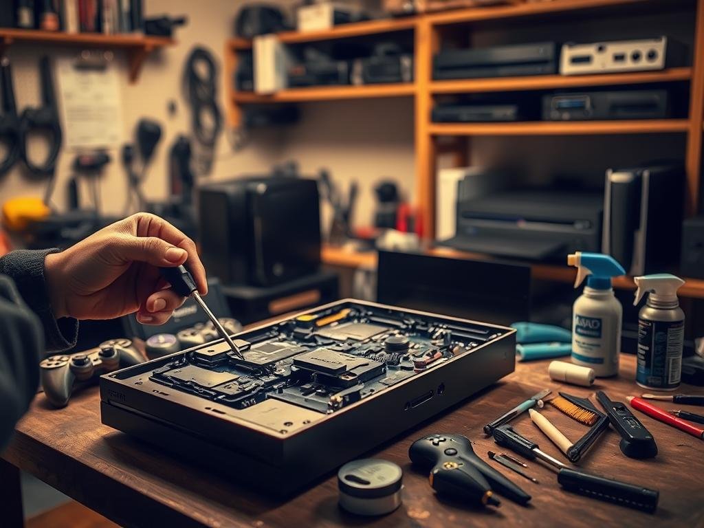 a well-lit workshop scene with a disassembled gaming console on a workbench. in the foreground, a technician's hands carefully use a screwdriver to remove the console's casing, exposing the internal components. the middle ground features various tools, such as brushes, compressed air cans, and antistatic cleaning supplies, arranged neatly. in the background, shelves hold additional gaming consoles and peripherals, suggesting a dedicated workspace for console maintenance and repair. the lighting is warm and focused, creating a sense of precision and care in the task at hand. the overall atmosphere conveys a methodical and professional approach to internal console cleaning.