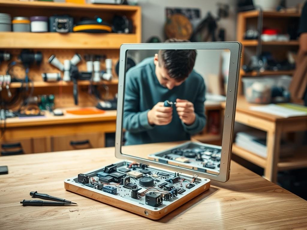 A well-lit workshop setting with a wooden workbench in the foreground. On the bench, an open smart mirror housing with various electronic components and tools neatly arranged. In the middle ground, a person's hands are working on assembling the mirror's hardware, their face partially obscured. The background features shelves of electronic parts, tools, and other DIY project materials, casting a warm, focused atmosphere for the intricate installation process.