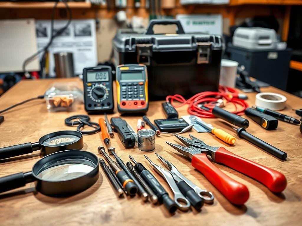 A well-lit workshop table displays an array of essential tools for assembling a weather station. In the foreground, a magnifying glass, screwdrivers, and a pair of pliers sit neatly arranged, reflecting the precise and meticulous nature of the task at hand. In the middle ground, a digital multimeter and a soldering iron stand ready, hinting at the technical skills required. In the background, a sturdy toolbox and a roll of electrical tape suggest a comprehensive collection of resources to tackle any challenge. The overall scene conveys a sense of organization, attention to detail, and the passion of an aspiring meteorologist embarking on a rewarding DIY project.