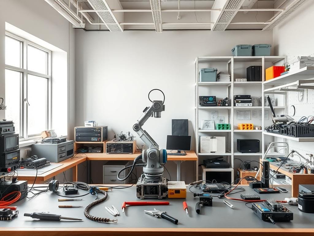 A well-organized robotics workspace with a sleek, modern aesthetic. In the foreground, a sturdy workbench with an array of precision tools, wire cutters, and soldering equipment. In the middle ground, a 6-axis industrial robot arm stands ready, its articulated joints gleaming under the soft, diffused lighting. The background features shelves stocked with electronic components, 3D-printed parts, and technical manuals. The overall atmosphere is one of focused concentration, with clean lines, muted colors, and a sense of technological prowess. A large window allows natural light to pour in, creating a bright, airy environment conducive to hands-on experimentation and problem-solving.